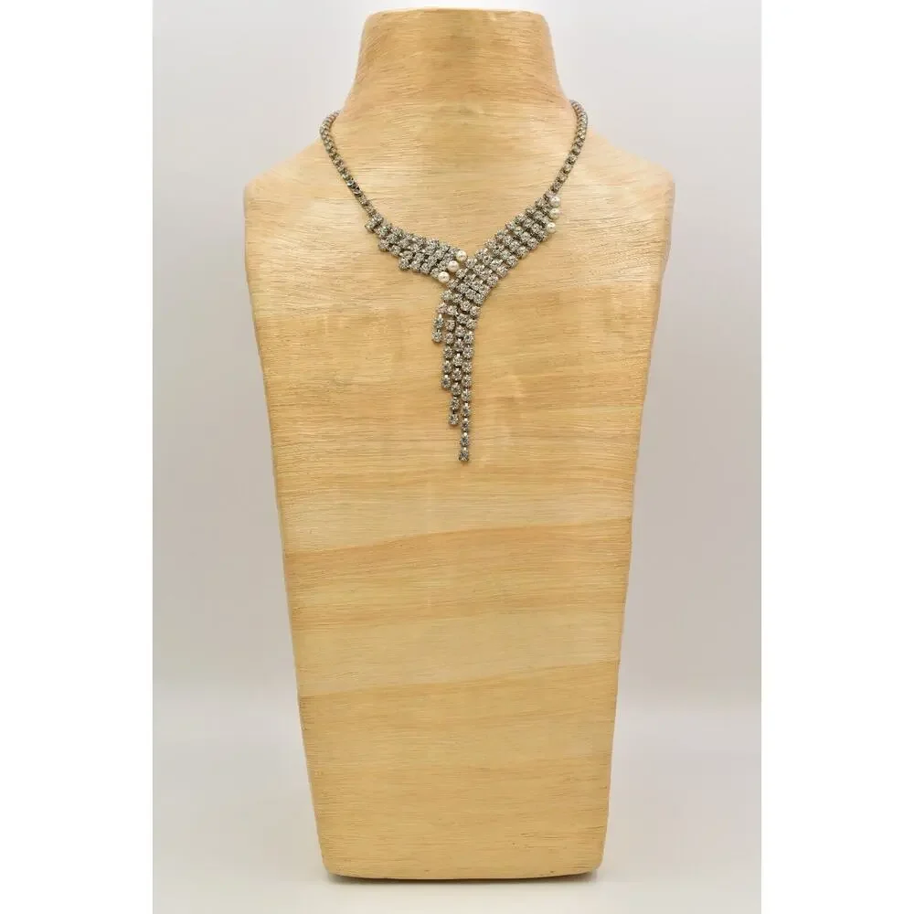 Vintage Crystal Collar Choker Necklace Pearl Silver Chunky Glam 1980s BinBJ